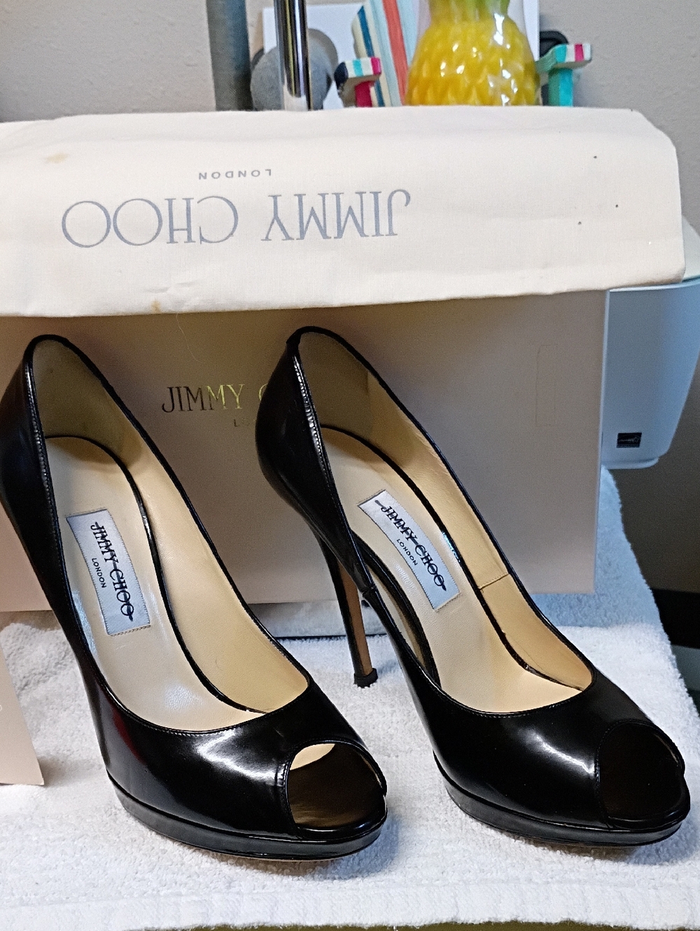 Jimmy Choo Black Patent Leather Peep-Toe Stiletto Heels